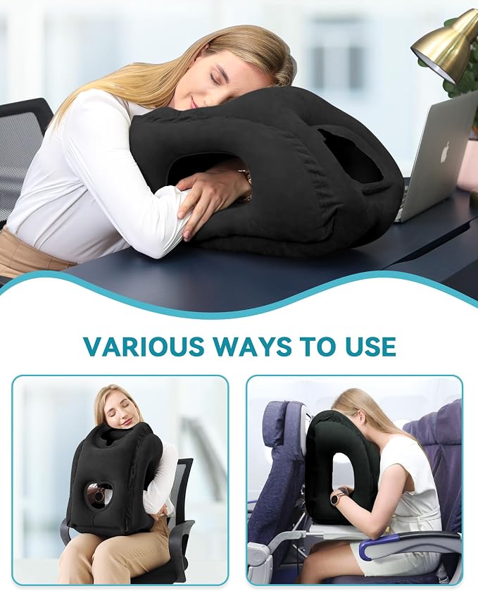 Inflatable Travel Pillow, Airplane Neck Pillow Comfortably Supports Head and Chin for Airplanes, Trains, Cars Office Napping on The Tray Table (Black) - Image 4