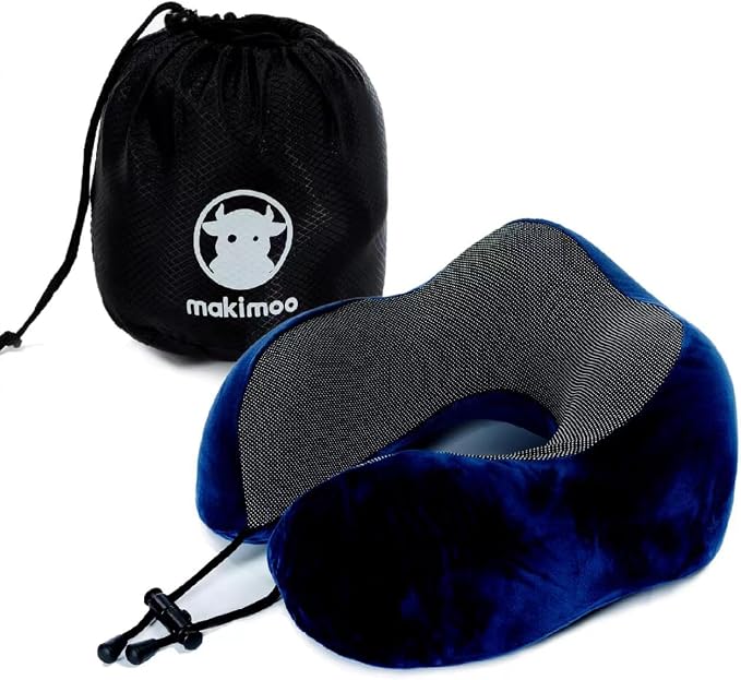 Memory Foam Travel Pillow, Neck Pillow with 360-Degree Head Support, Comfortable and Lightweight, Ideal for Sleeping on Airplane, Car, Train, Bus and Home Use, Comes with Storage Bag (Blue) by Makimoo