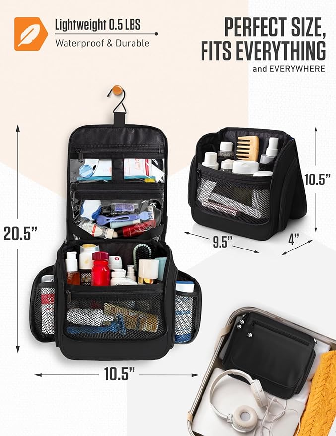 VENTURE 4TH Hanging Travel Toiletry Bag, 18 Compartments - Black | Hangs on rails, hooks or doors; stands upright. Removable TSA pouch. Water-resistant Nylon 290D Twill, reinforced stitching. - Image 2