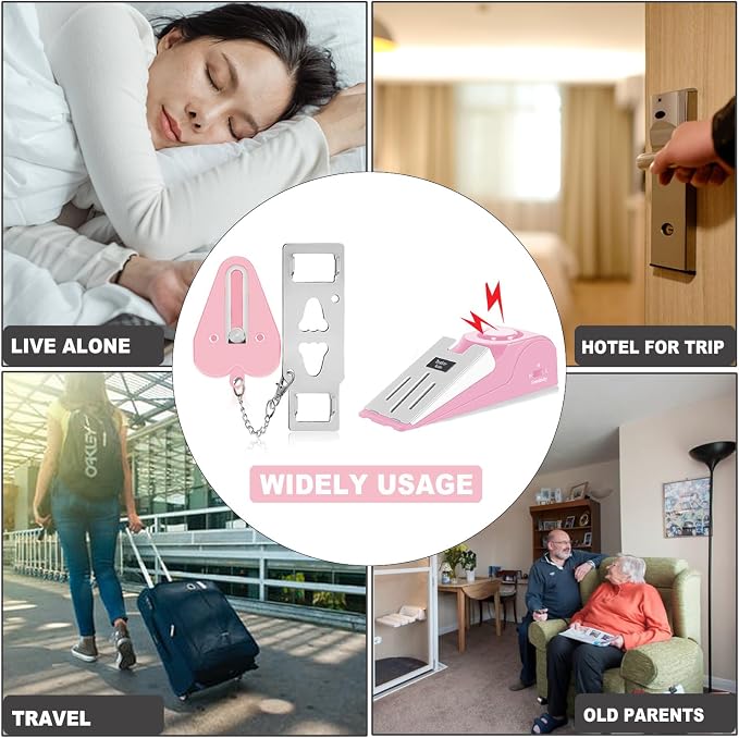 MBBEST Hotel Door Lock & Door Stop Alarm,Dual Protection Security Devices Pocket Door Stopper Self Defensey Tools for Hotel Travel Home Apartment House, Pink/Pink - Image 2