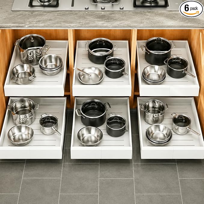 Pull out Cabinet Organizer, 6-pack, Expandable(12"-20") Heavy Duty Slide out Drawers Fixed with Adhesive Nano Film for Pots, Roll out Shelf Storage for Kitchen Base Cabinet Organization(3 Rails) by Kitstorack