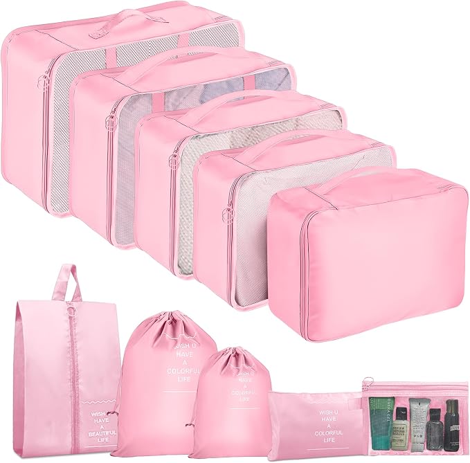 Packing Cubes for Travel- 8 Set Luggage Organizer Bags for Family, Mesh Breathable Travel Packing Cubes for Suitcases Durable Travel Essentials Bags Set (Pink, 10 Set) by YEEYAA