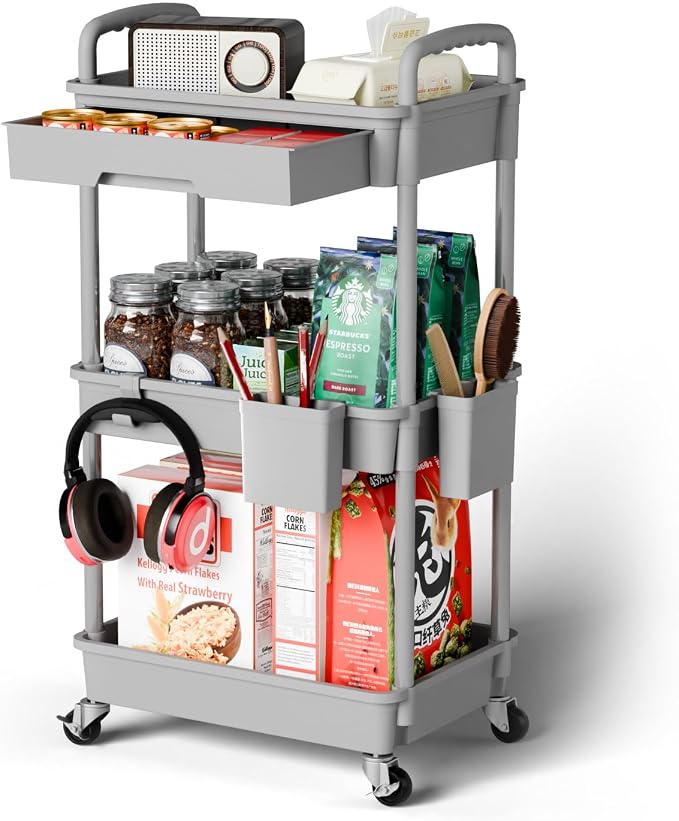 Sorgion 3 Tier Rolling Cart Organizer,Laundry Room Bathroom Organizers and Storage Office Shelves Mobile Shelving Unit Kitchen Trolley Cart with Wheels for Art,Craft,Diaper,Bedside,Snack(Grey) by Sorgion