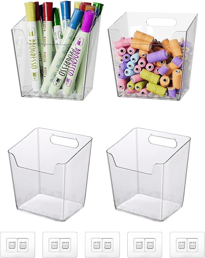 Clear Adhesive Wall Storage Bins, 4 Pack Cabinet Door Organizer Cups(Small) | Clear PET Hanging Wall Mount Pockets, Plastic Caddy for Shower Bathroom Makeup Office Craft Kitchen Sink RV Organization - Image 7