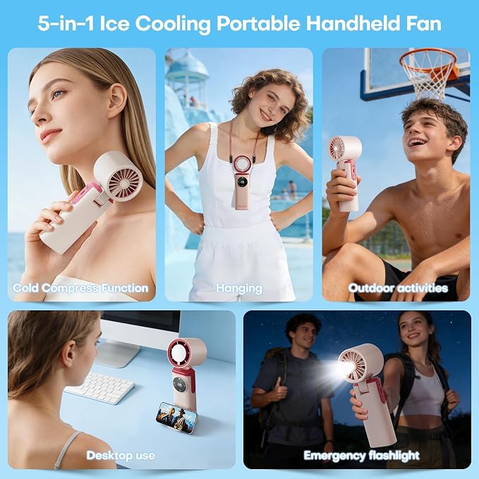 6000mAh Portable Handheld Fan with Ice Cooling, 199 Levels Stepless Speed, 20H Long Battery Life, 20000RPM Turbo Fan Rechargeable Personal Mini Fan for Travel, Outdoor, Makeup (Pink) - Image 6