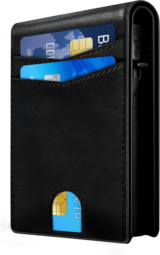 QLD Wallet for Men - RFID Blocking [Functional & Practical] Bifold Slim Minimalist Credit Card Holder Pop Up Metal Case with Cash Slot, Front Pocket with ID Window, Gift Boxed (BLACK) by QLDBrand