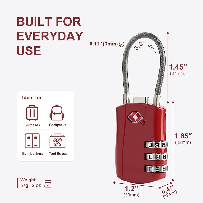 TSA Locks for Luggage, Small Padlock Combination with Cable, Luggage Locks TSA Approved, Combo Padlock with Code, for Travel Suitcase, Gym Locker, Gun Case, Backpack Zipper (Black+Red) - Image 5