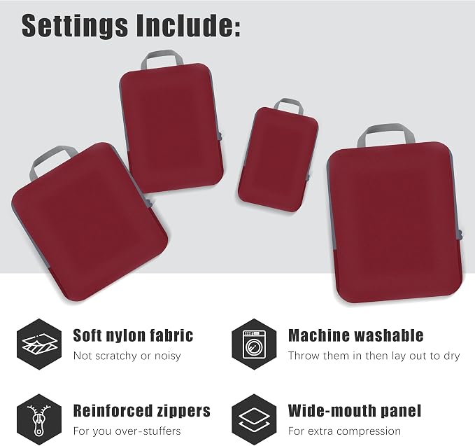 4 Set Compression Packing Cubes Travel - Travel Accessories Expandable Packing Organizers for Carry On - Essentials Luggage Bags - Burgundy - Image 3
