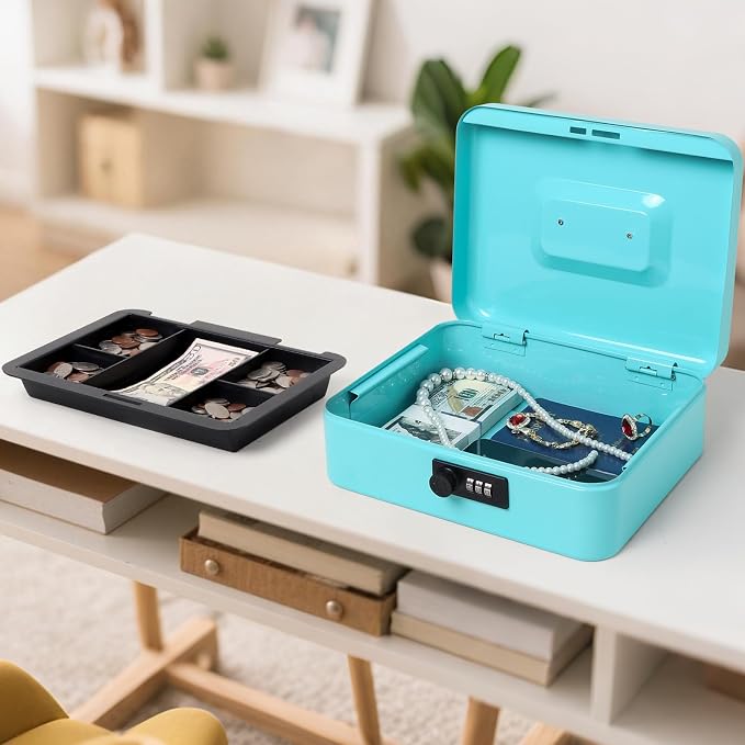 Jssmst Large Cash Box with Combination Lock - Durable Metal Cash Box with Money Tray, light blue (9.84 x 7.87 x 3.46) - Image 6