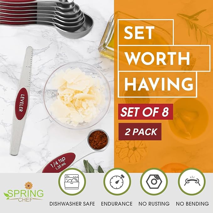 Spring Chef Stainless Steel 8 Magnetic Measuring Spoons Set, 2 Pack, Red | Nesting Teaspoon & Tablespoon Measuring Spoons w/ Leveler for Dry & Liquid Ingredients, Measure Spoons For Baking & Cooking - Image 3