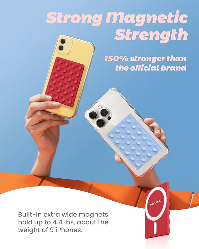 amBand Magnetic Sticky Phone Suction Grip for MagSafe, Removable for Wireless Charging, Durable Magnet Silicone Portable Mount Stand for iPhone 12 13 14 15 16 17, Hands-Free Video/Selfie, Cherry Red - Image 3
