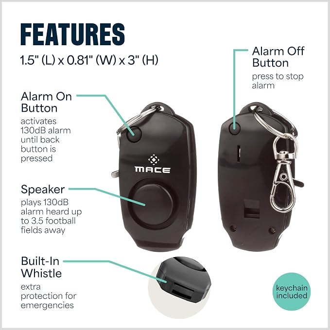 Mace Personal Safety Alarm - Loud 130db Siren, Built in Emergency Whistle, Easy On/Off Push Button Activation, Batteries Included, Personal Alarm for Women & Men - Black - Image 9