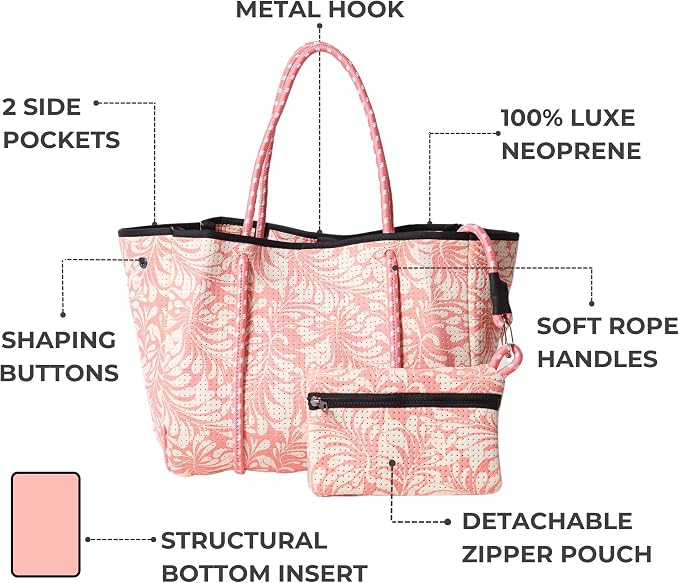 POPUPS Large Neoprene Tote Bag for Women - Everyday Designer Handbag for Travel Work and Beach with Pockets and Zipper Pouch - Image 4
