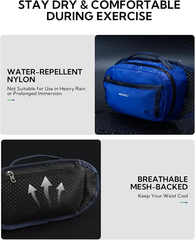 WATERFLY 2.3L RFID Fanny Pack: Anti-Theft Bellows-Style Opening for Hiking | Lightweight Water-Resistant Nylon, Breathable Back Pad, Woven Strap Loops, Key Hook, Travel Camping Cycling, Women Men - Image 6
