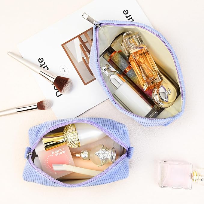 SOIDRAM 2 Pcs Corduroy Makeup Bag Large Cosmetic Bag Toiletry Bag Makeup Pouch Travel Bag Organizer Cute Makeup Brushes Aesthetic Accessories Storage Bag for Women Blue - Image 4