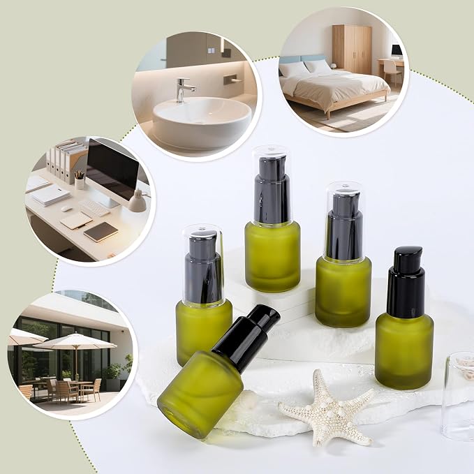 Segbeauty 0.5oz Frosted Glass Travel Size Containers for Lotions, 5pcs Mini Empty Lotion Bottles Pump Dispenser Refillable, 15ml Green Travel Containers for Creams, Small Hair Oil Pump Bottle Liquids - Image 6