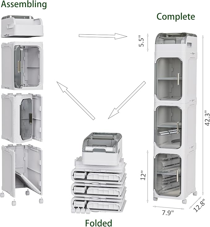 BINSIO 4-Tiers Toilet Paper Storage, Slim Bathroom Organizers and Storage, Bathroom Counter Organizer, Bathroom Organizer Storage Cabinet, Portable Laundry Room Organization, Plastic White Clear Doors - Image 3