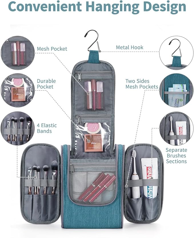 Narwey Small Hanging Travel Toiletry Bag Cosmetic Make up Organizer for Women and Men (Medium, Teal) - Image 2