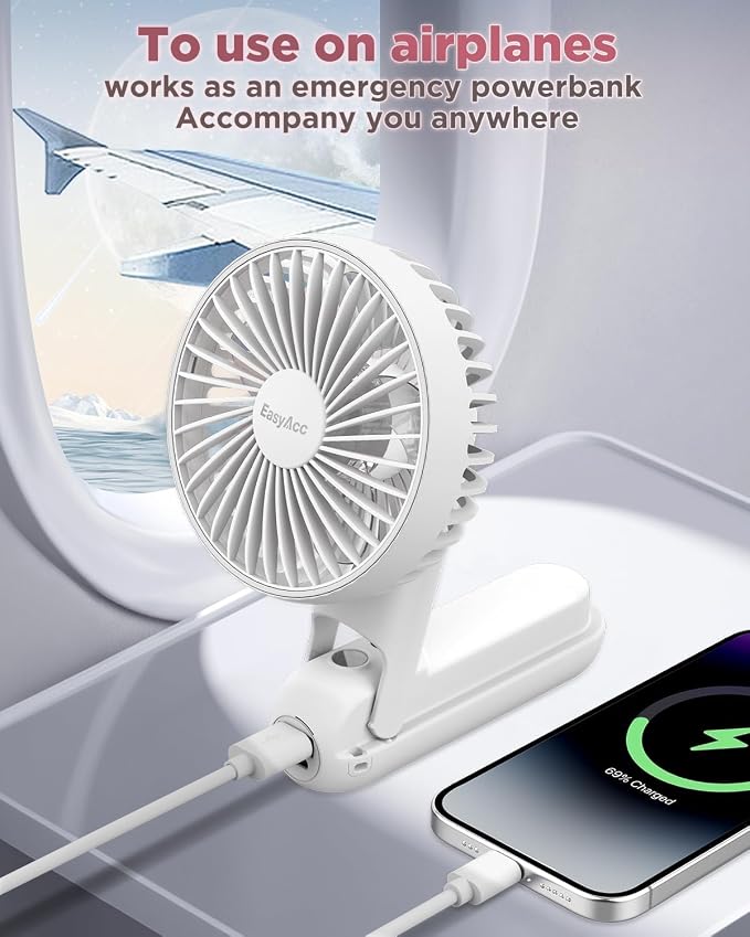 EasyAcc 3-in-1 Handheld Fan with 5000 Capacity Built-in Battery, Ultra-Quiet Powerful Portable Fan, 5 Speeds, Backup Power, SOS Light, Digital Display and Lanyard for Travel, White - Image 3
