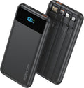 Nusyddy Portable Charger 10000mAh 22.5W w/4 Built-in Cables/6 Outputs Black | 22.5W Fast Charging, LED Display, Pass Through Charging, Charge 6 Devices at once, TSA Approved, Fits iPhone, iPad, Samsung by NUSYDDY