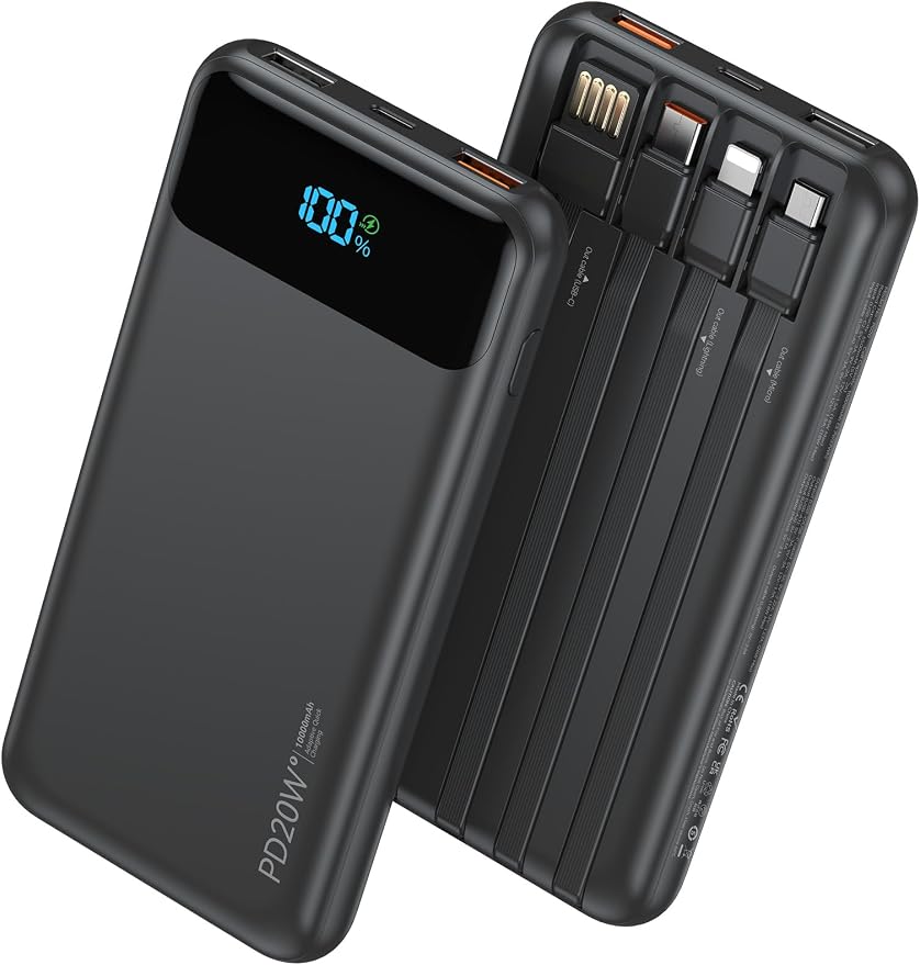 Nusyddy Portable Charger 10000mAh 22.5W w/4 Built-in Cables/6 Outputs Black | 22.5W Fast Charging, LED Display, Pass Through Charging, Charge 6 Devices at once, TSA Approved, Fits iPhone, iPad, Samsung by NUSYDDY