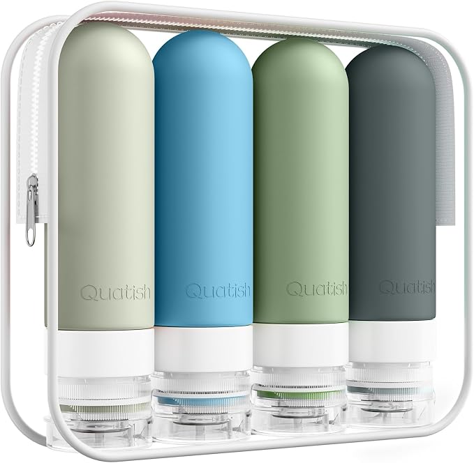 Quatish Travel Bottles for Toiletries, Original Patented Leak Proof Travel Size Containers, 3 oz Tsa Approved Silicone Shampoo and Conditioner Bottles, 4 Pack, Morandi by Quatish