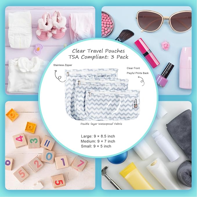 HIONXMGA TSA Approved Toiletry Bag, Set of 3 Clear Travel Toiletry Bag Quart Size Zipper Travel Pouch, Waterproof Makeup Cosmetic Bag for Women Men Kids Toiletries Carry on, Wave | Clear Front Zipper Pouches Waterproof Cosmetics Bags for Women Kids Toi... - Image 6
