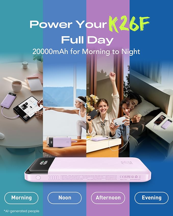 Orfeika 20000mAh Power Bank, Portable Charger with 4 Built-in Cables | 20W PD USB C Fast Charging,6 Outputs,LED Display,Flight-Safe,Travel Essentials Battery Pack for iPhone, Galaxy, iPad & More - Image 9