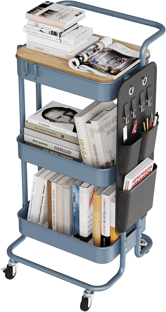 DTK 3-Tier Rolling Cart with Table Top, Metal Utility Cart with Side Bags | Tray Storage Organizer, Lockable Wheels, 4 Hooks, Art Cart for Kitchen, Bathroom, Office, Craft room, Living room, Blue by DTK