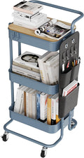 DTK 3-Tier Rolling Cart with Table Top, Metal Utility Cart with Side Bags | Tray Storage Organizer, Lockable Wheels, 4 Hooks, Art Cart for Kitchen, Bathroom, Office, Craft room, Living room, Blue by DTK