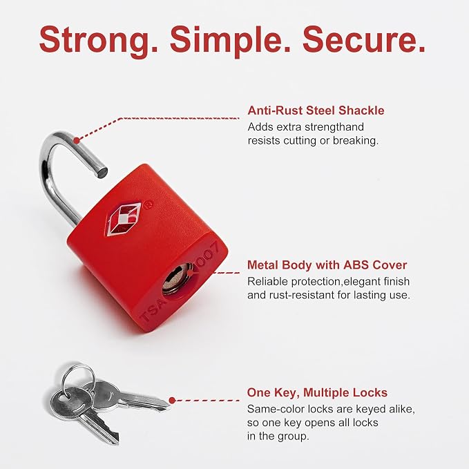 TSA Locks for Luggage with Key, Travel Luggage Locks TSA Approved 4 Pack, Small Padlock with Key, Same Keyed Mini Padlock for Suitcase, Backpack, Bag, Purse, Tent, Zipper, Tool Box (Red) - Image 3