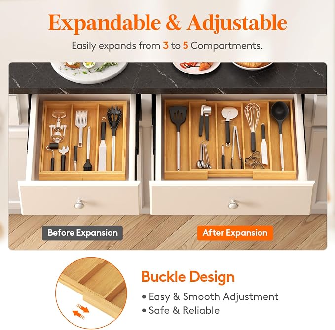 Lifewit Bamboo Utensil Organizer for Kitchen Drawer, Cooking Utensil Tray | Expandable Cutlery Silverware Flatware Holder, Wood Adjustable Spatula Tools Storage Divider, 12.6-22.8 x 14", Natural - Image 8