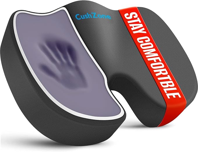 CushZone Memory Foam Seat Cushion for Office Car & Wheelchair, Gray | U-shaped Coccyx Cutout, Contoured Design, Breathable Removable Mesh Cover, Non-Slip Base, Carry Handle by CushZone
