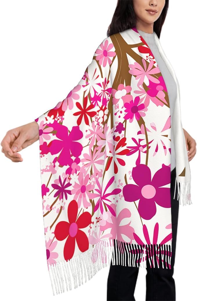 IBILIU Oversize Scarf for Women Floral Flower Purple Prune Color Scarf Tassel Scarves Fall Winter Shawl Wraps - 77.6 x 28.3in - Image 4