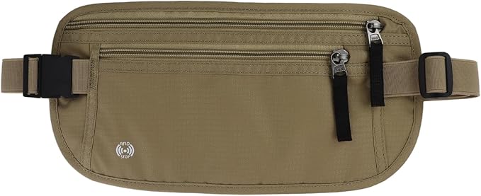 FuninCrea Waterproof Hidden Money Belt for Travel, Anti-Theft Belt Bag with RFID Blocking Function Adjustable Slim Waist Bag with 2 Zipper Pockets and 1 Back Pocket for Travel Running (Style 2, Khaki) by FuninCrea