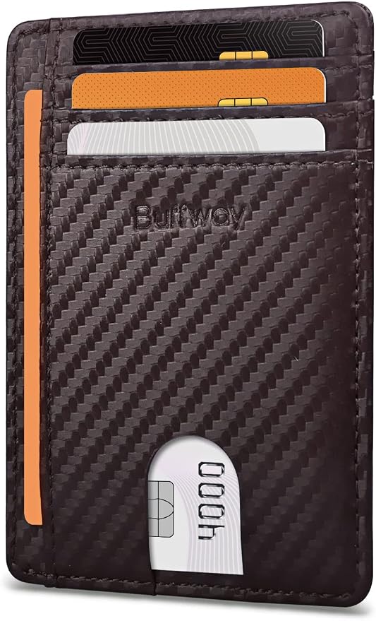 Buffway Slim Minimalist Front Pocket RFID Blocking Leather Wallets for Men and Women - Carbon Fiber Coffee by Buffway