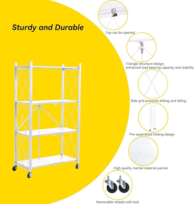 BRIAN & DANY 4-Tier Foldable Storage Shelves with Wheels, Folding Metal Rack Shelving Unit, Heavy Duty No Assembly Organizer Shelf for Garage, Kitchen, Pantry, White - Image 4