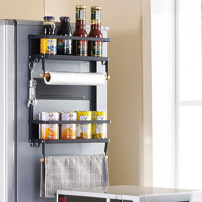 Jolitac Magnetic Fridge Spice Rack- Space Saving Organizer Black Shelf on Refrigerator, Kitchen Paper Towel Holder, Foldable Design (Black-Large) - Image 3