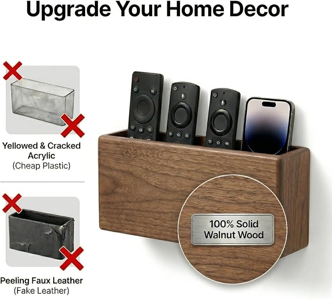 Wall Mount Remote Control Holder, Dark Walnut Wood TV Remote Organizer & Phone Caddy, No-Drill Space-Saving Wall Storage for Living Room, Office, Bedroom and Bedside - Image 5