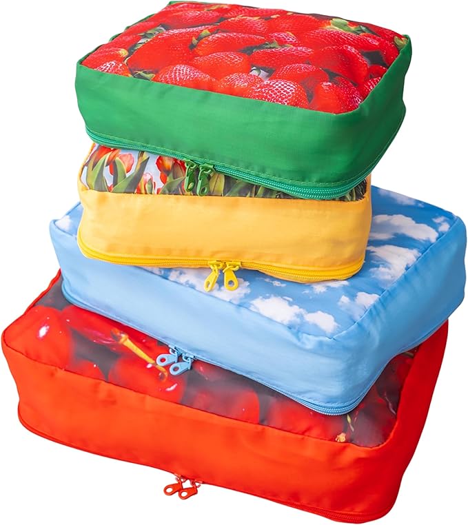 ban.do Packing Cube Set of 4, Colorblock Fruits | Polyester and Mesh Packing Organizers, Includes 4 Foldable Luggage Packer Bags in Various Sizes with Quote/Fruit Designs - Image 2