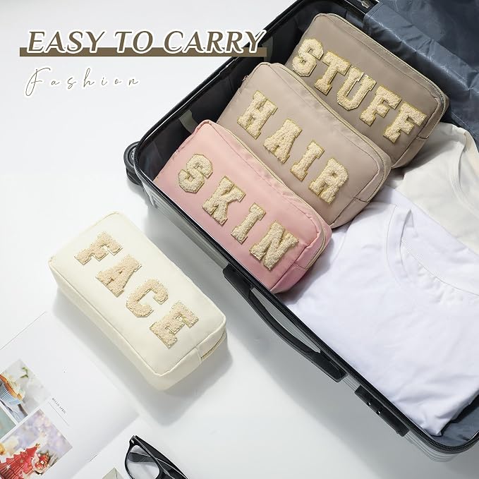 Preppy Makeup Bags Chenille Letter Stuff Bag Nylon Cosmetic Pouch Cases with Zipper for Women Travel Toiletry(Apricot Color,Classic,4 Pcs) - Image 5