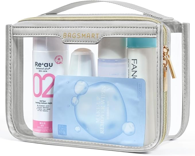 BAGSMART Clear Toiletry Bag for Travel, TSA Approved, 1-Pack, Grey | Makeup Cosmetic Pouch Bag for Women, Quart Size Compliant Bag Organizer for Travel Essentials by BAGSMART