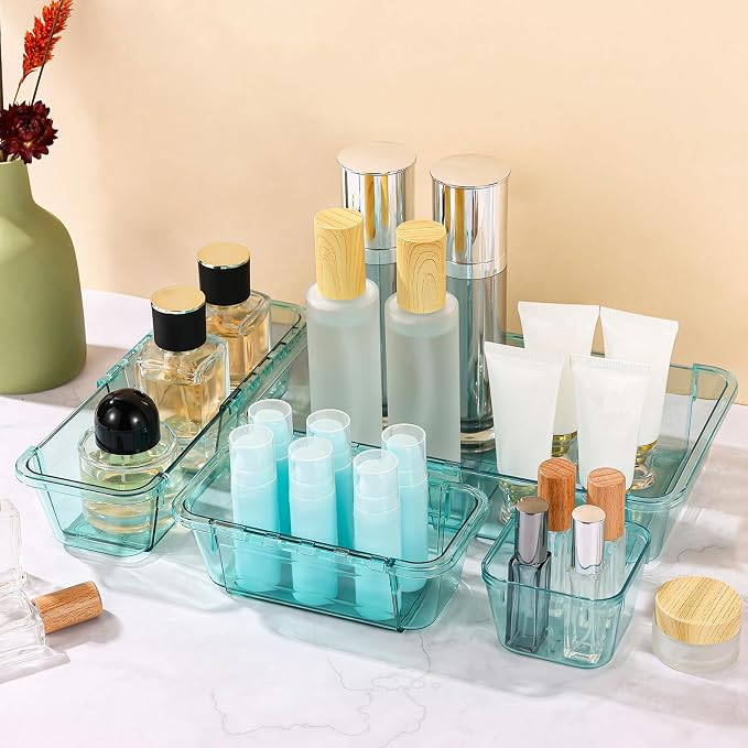 25 Pcs Clear Drawer Organizer, Adjustable Drawer Storage Box, 3-Size Desk Drawer Organizer, Acrylic Storage Bins for Makeup, Kitchen Utensils, Bedroom Dressers Tool Organizer for Gadgets, Blue - Image 6
