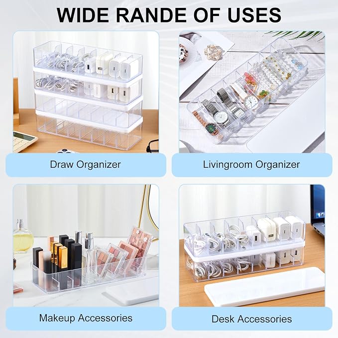 Tatuo 6 Pcs Cord Organizer for Drawer Desktop, Cable Organizer Box with 8 Compartments and Wire Ties, Plastic Charger Storage with Lid, Electronics Case for Home Office Accessories (Small,Clear,White) - Image 7