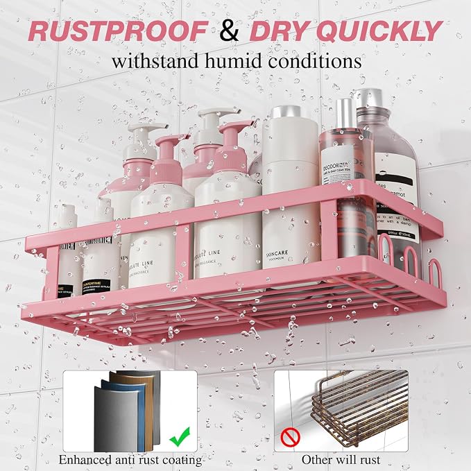 Youvip Shower Caddy, Pink, Adhesive No Drill Bathroom Organizer | Large Capacity, Rustproof Shelves, For Inside Shower, Bathroom Organizers and Storage - Image 3