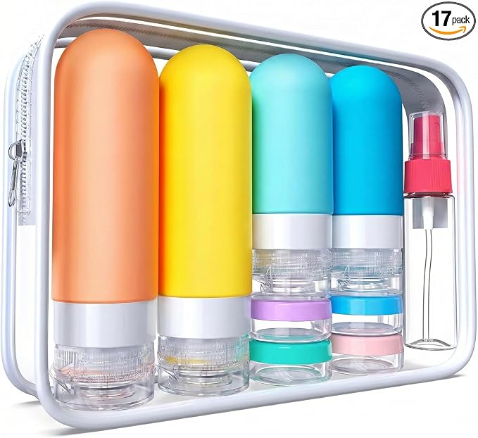 Laxen 17 Pack Travel Bottles for Toiletries with Clear Bag, Leak Proof, Refillable, TSA Approved Silicone Travel Containers for Shampoo and Conditioner, Travel Essentials Toiletry Bottles by Unknown