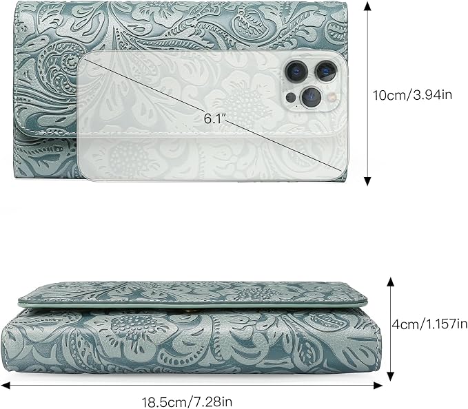 GOIACII Leather Wallets for Women RFID Blocking Western Clutch Blue | Embossed Design, Trifold, Large Billfolds, Vintage Flower, Ladies Purses with Zipper Coin Pocket - Image 5