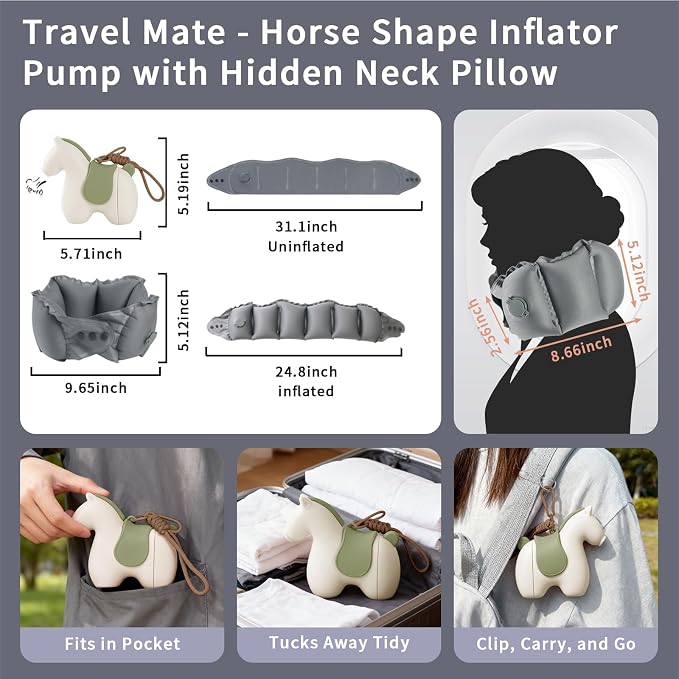 Inflatable Travel Neck Pillow Built-in Pump & Cute Storage Bag | Adjustable Cervical Support Travel Pillow For Airplane, Train, Office, And Long Trips. Hygienic Fabric (Khaki) - Image 5