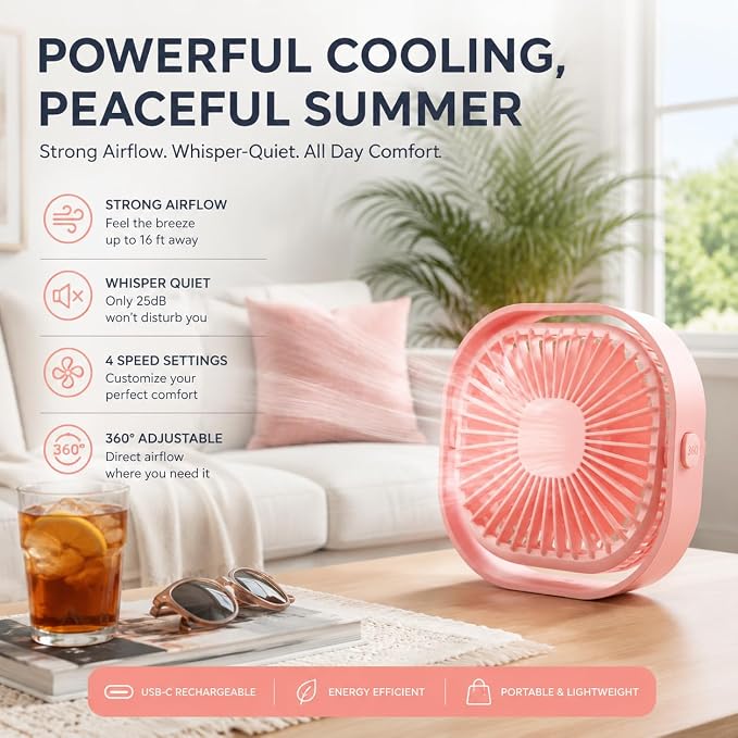 Electric Fans USB Silent Fan, Portable Desk Small FanDesk Fan 3 Speed Settings, Mini Table Fan for Office Desk, Travel, Home, Cruise Essentials, Quiet Cute Personal Indoor/Outdoor, F101 Pink - Image 6