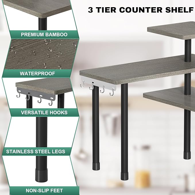 ZHWS Kitchen Countertop Organizer, Bathroom Counter Organizer, Adjustable 3 Tier Corner Shelf with 4 Metal Hooks for Counter Organize, Spice Rack, Makeups, Coffee Station Bookshelf (Rustic Grey) - Image 7